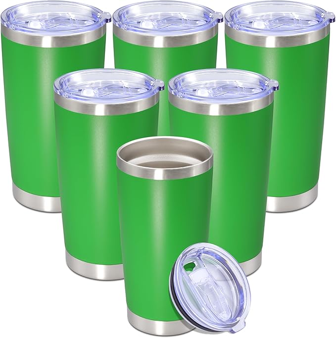 20 oz Tumbler with lid Double Wall Vacuum Insulated Tumblers Stainless Steel Coffee Mug Travel Coffee Tumbler Powder Coated Tumbler Cup Keep Hot&Cold - (Green 6 Pack)