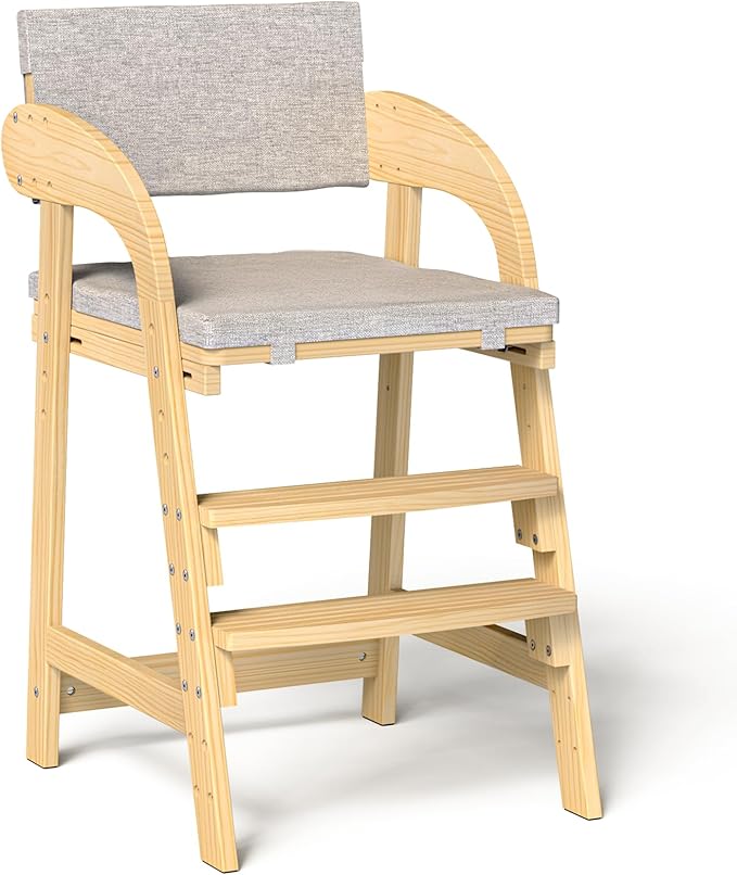 Easyego Wooden High Chair, Height Adjustment for Babies and Toddlers Aged 3-12, up to 130 lbs, Widened Foot Pedal as Steps for Kids Dining & Removable Washable Cushion (Natural)