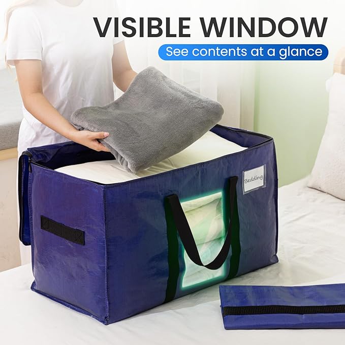 TAILI 12 Pack Dark Blue Extra Large Moving Bags, Heavy Duty Totes with Visible Window, Wrap Around Handles, Great for Space-Saving