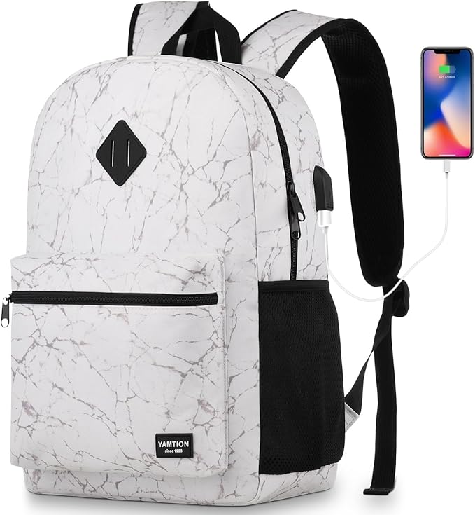 School Backpack,Classic Stone Textured Bookbag Men and Teen Boy Schoolbag with USB Charging Port for High School College Office Work Travel