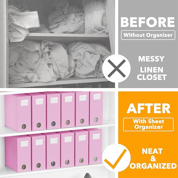 SpaceAid 12 Pack Bed Sheet Organizers and Storage, Foldable Sheet Organizer for Linen Closet, Sheets Set Folder Keeper with Window XL (Queen & King Size) Bedding Container (Pink, 12 Pack)