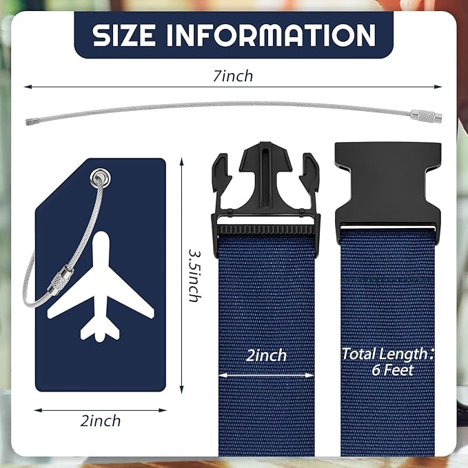 Weewooday 8 Pcs Luggage Straps Suitcase Tags Set for TSA Approved, 4 Travel Adjustable Suitcase Belt, 4 Silicone Luggage Tags with Name ID Card Travel Accessories(Dark Blue,Airplane)