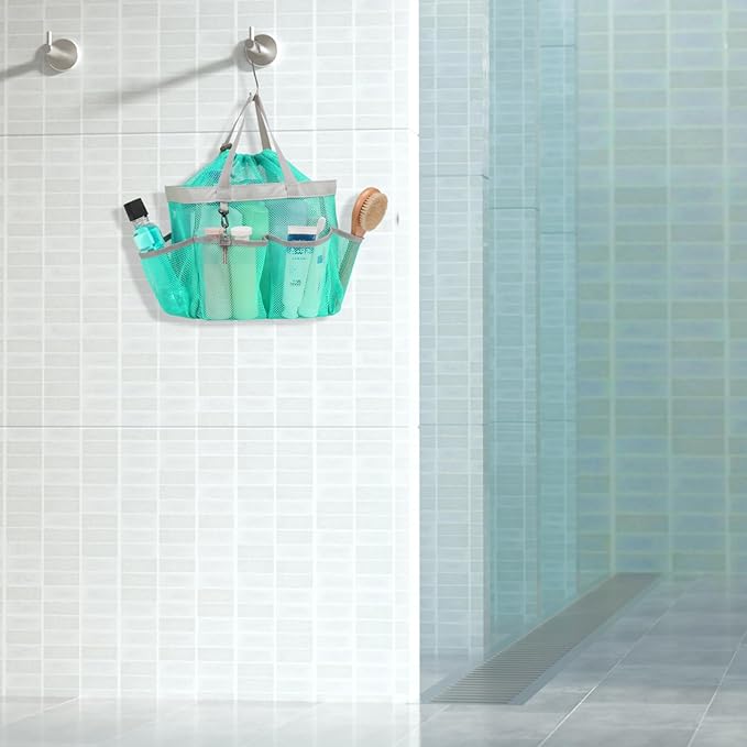 F-color Mesh Shower Caddy Portable with Drawstring - Upgrade Deeper 7 Pockets Dorm Room Essentials for Guys Girls with S Hook, Shower Bag Basket Tote for College Camping Toiletry Bathroom, Mint Green