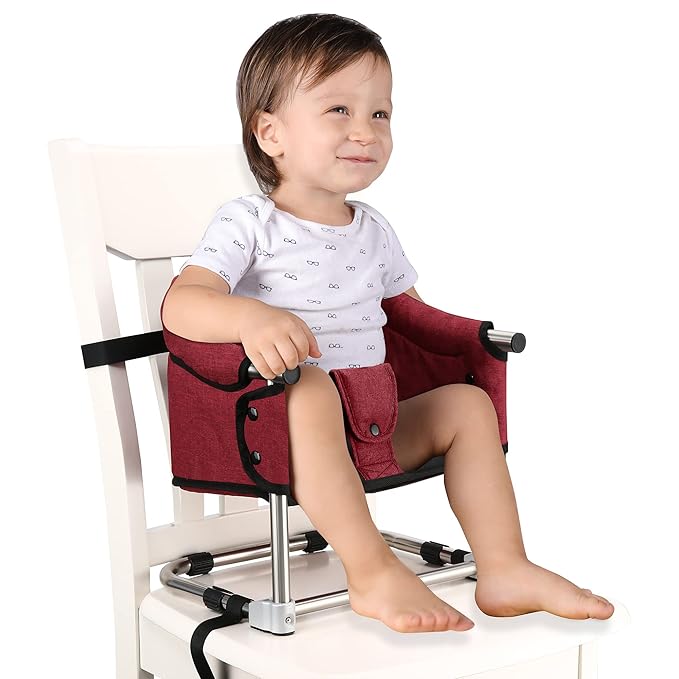 Booster Seat for Dining Table: Portable Toddler Booster Chair with Safety Buckle and Height Adjustable, Foldable Baby Feeding Chair, Kids High Chair Booster Seat for Kitchen Home Travel - Red