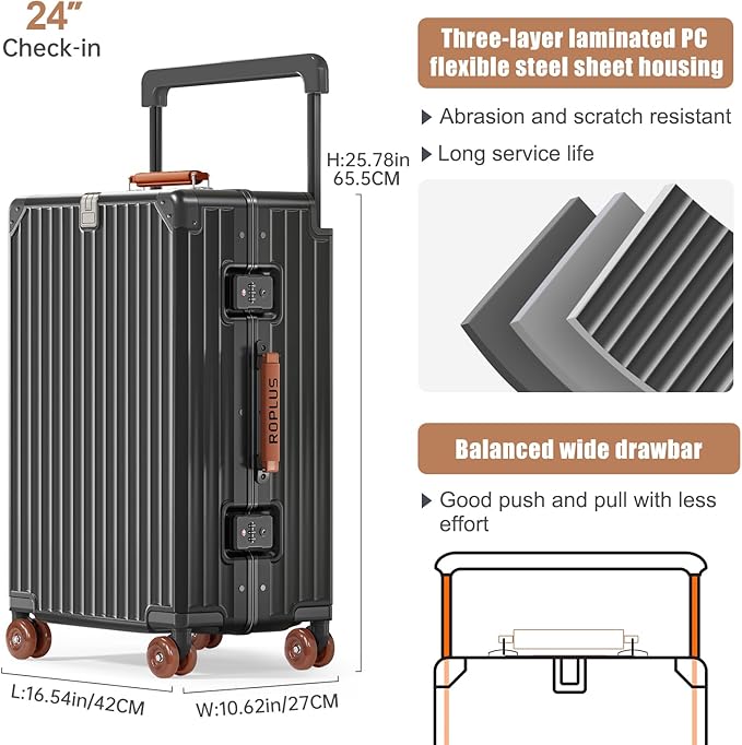 Aluminium Frame Checked-Luggage with Smooth Jelly Wheels, Hardside Zipperless Rolling Suitcase with TSA Lock (Grey, 24-Inch)