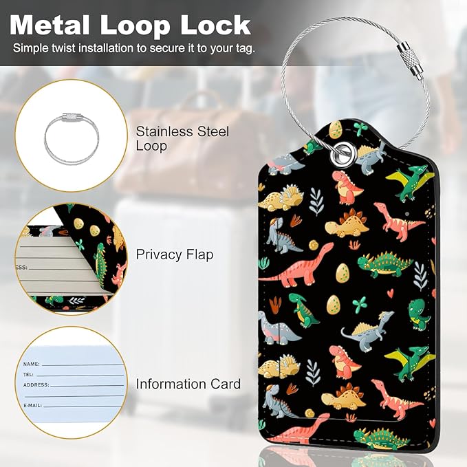2Pack Luggage Tags for Suitcases, Cute Unique Pu Leather Cruise Luggage Tag with Privacy Cover ID Label Address Card and Metal Ring Suitable for Women Men Kids Travel Bag Dinosaurs and Plants