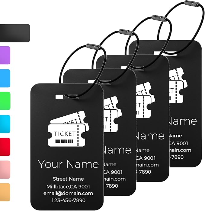 Personalized Luggage Tags, Custom Luggage Tags 4 Pack TSA Approved Double Sided Laser Engraving, Metal Luggage Tag for Suitcases with Stainless Loops, Name Tag for Bags, Backpacks (Black)