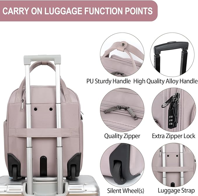 EMPSIGN Underseat Carry On Wheeled - 16" Carry on Bag with Wheels Multi-functional Lightweight Rolling Bag Overnight Weekender Small Suitcase for Women Men Travel Business, Dusty Pink