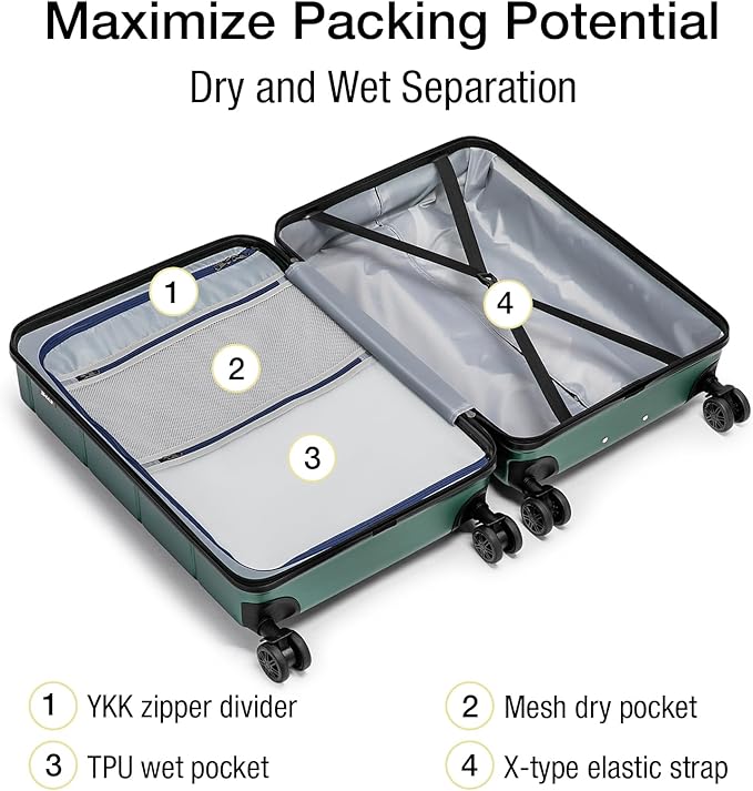 KYME Luggage Sets 2 Piece Hardshell 22"/26" Suitcase with Spinner Wheels Hardside Suitcases Sets with TSA Lock Lightweight Travel Luggage Set with Cup Holder for Women Men Green