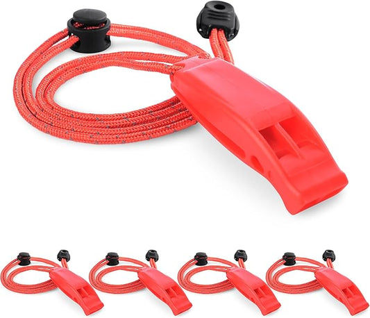 4 Pack Emergency Whistles with Adjustable Reflective Lanyard, Shrill Loud Safety Whistle for Outdoor Survival Hiking Camping Hunting Fishing Kayak Life Vest Jacket Boating Rescue Signaling (Red)