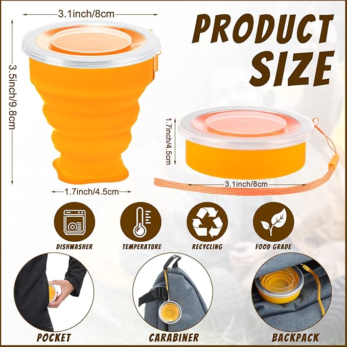 12 Pcs Silicone Collapsible Cup 7.04 oz Folding Camping Travel Collapsible Coffee Cup Portable Reusable Expandable Drinking with Lids for Outdoor Hiking