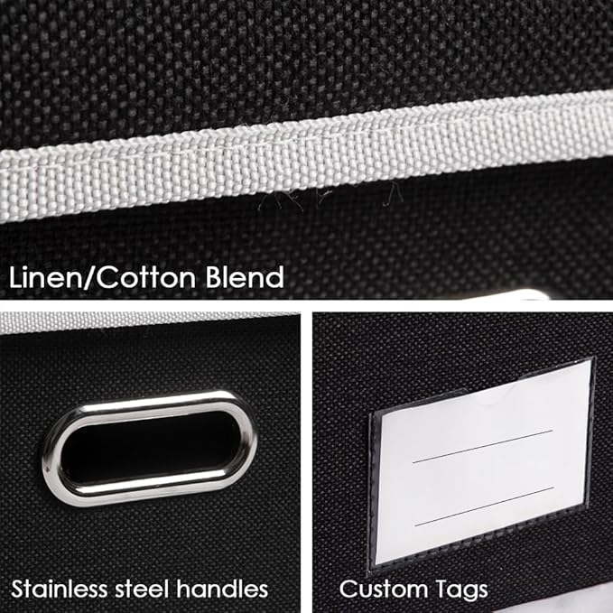 PRANDOM Storage Boxes with Lids [3-Pack] Fabric Collapsible Storage Bins Organizer Containers Baskets Cube with Cover for Home Bedroom Closet Office Nursery Black（23.4X15.9X11.5