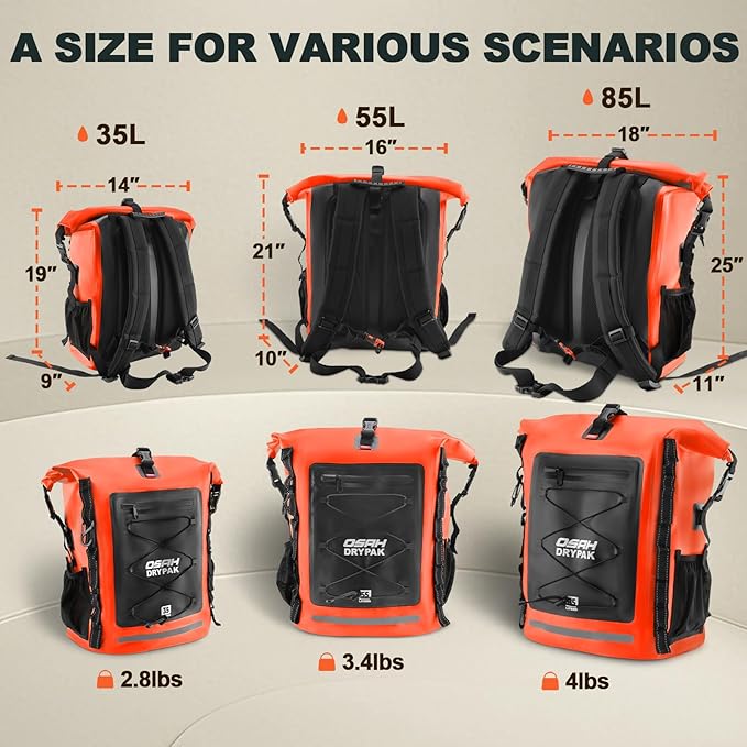 Waterproof Backpack Dry Bag 35L/55L/85L – Heavy Duty Roll-Top Hiking Backpack Sack Keeps Gear Dry for Travel, Kayaking, Boating, Camping, Rafting and Fishing