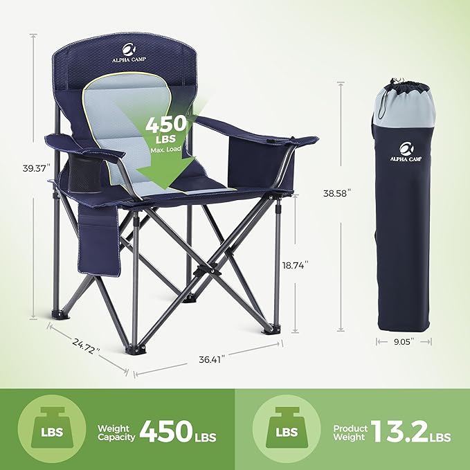 LET'S CAMP Oversized Folding Camping Chair Portable Outdoor Heavy Duty Padded Chairs Lawn Chair with Cup Holder, Storage Pocket and Cooler Bag, Supports 450LBS, for Camp, Travel, Picnic,2 Pack(Blue)