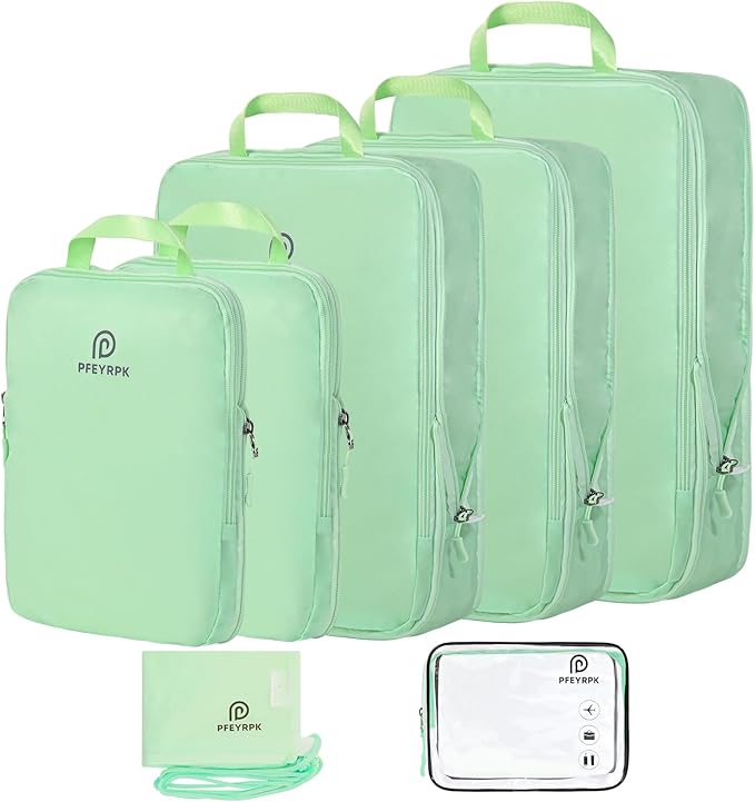 Lightweight Compression Packing Cubes for Suitcases, Compressible Expandable Travel Packing Organizer with Clear Toiletries and Backpack Bag, Travel Essentials for Carry on Luggage 7 Set