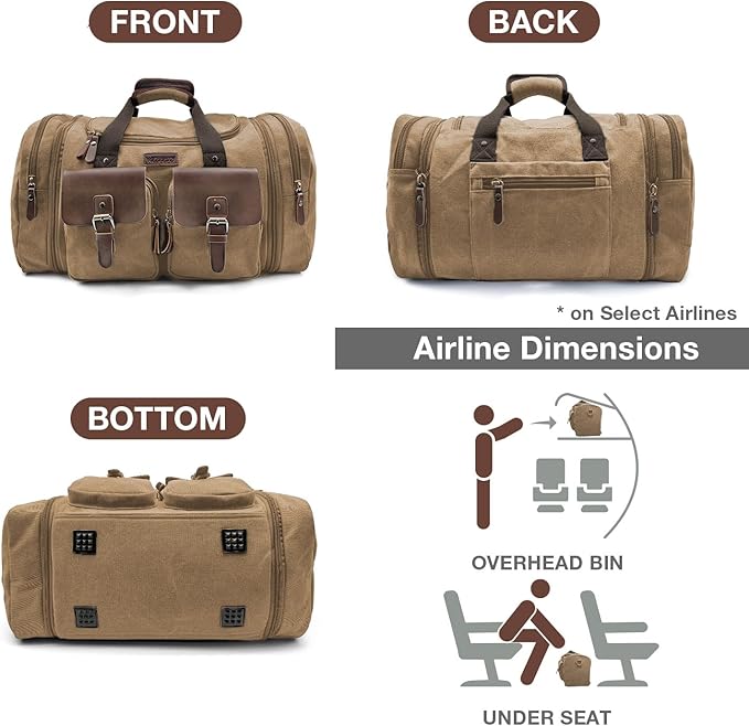 Wildroad 50L Travel Duffel Bag, Expandable Canvas Genuine Leather Duffle Bag Upgraded Overnight Weekender Carry on Bag