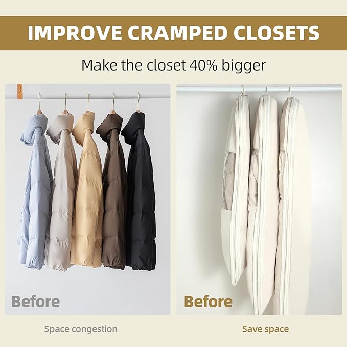 2 Packs Space Saving Garment Bag with Self Compression Zipper,Travel Suit Bags for Closet Storage, Hanging Garment Bag for Coats, Down Jackets (Large, Beige)