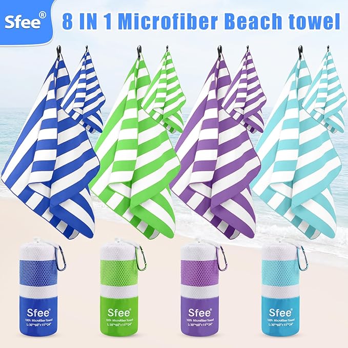 Sfee 4 Pack(8Pcs) Microfiber Travel Towel, Beach Towel Quick Dry Towel Camping Towel Super Absorbent Compact Lightweight Sports Towel Gym Towel for Beach, Gym, Hiking, Pool, Backpacking, Bath, Yoga