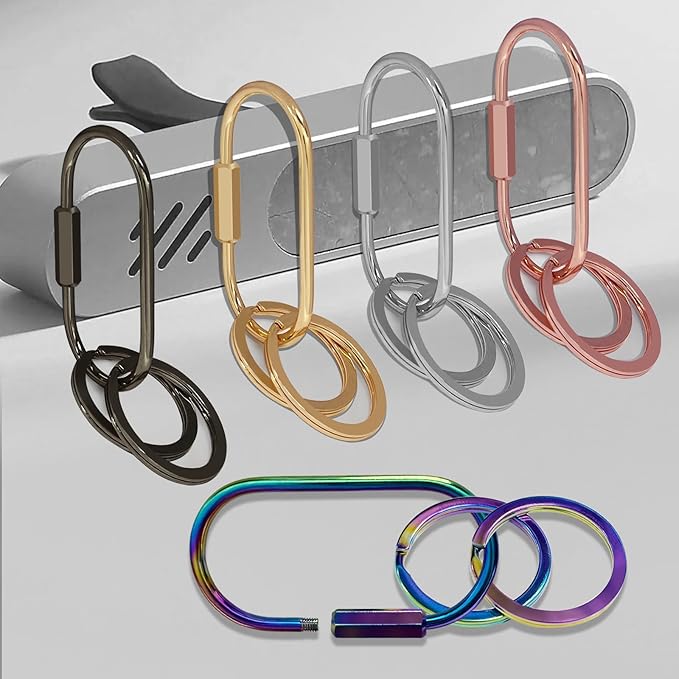 Key Chain, Brass Key Rings 2 Pack Screw Lock Key Organizer with 4 Rings Carabiner Keychain Clip for Men and Women