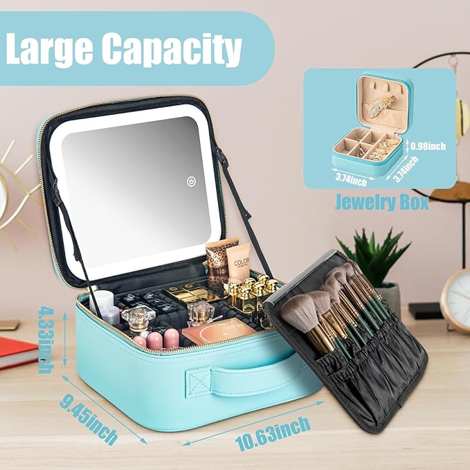 Makeup Travel Train Case with Mirror LED Light 3 Adjustable Brightness Large Cosmetic Bag Portable Storage Adjustable Partition Waterproof Makeup Brushes Make up Jewelry Gift for Women
