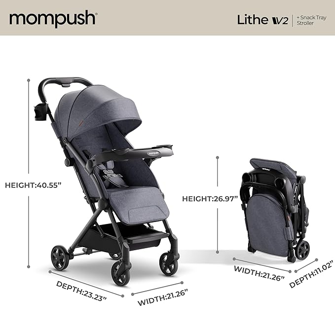 Mompush Lithe V2 Lightweight Travel Stroller, Compact Foldable Baby Stroller with Travel Bag, One-Hand Fold Stroller, Snack Tray, Mechanical Recline Seat, Airplane-Ready, UPF 50+ Canopy & Rain Cover