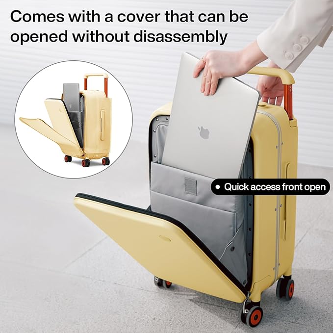 mixi Carry On Luggage Wide Handle Luxury Design Rolling Travel Suitcase PC Hardside with Aluminum Frame Hollow Spinner Wheels, with Cover, 20 inch, Lark Yellow