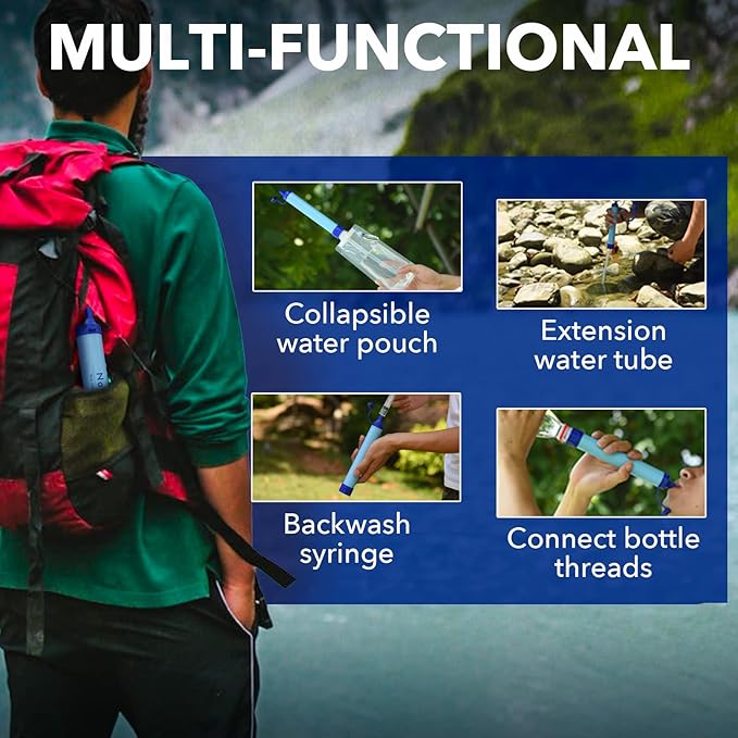 Personal Water Filter Straw Outdoor Portable Filtration Emergency Survival Gear Water Solutions Tactical Gear for Hiking Camping Accessories Travel Hunting Fishing Outing Backpacking