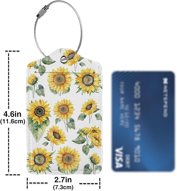 Watercolor Floral Sunflowers 2-Pack Luggage Tags for Suitcases,Leather Baggage Tag with Loop, Tags Private Name ID Labels for Women Girl Men Boys Travel Baggage Suitcase