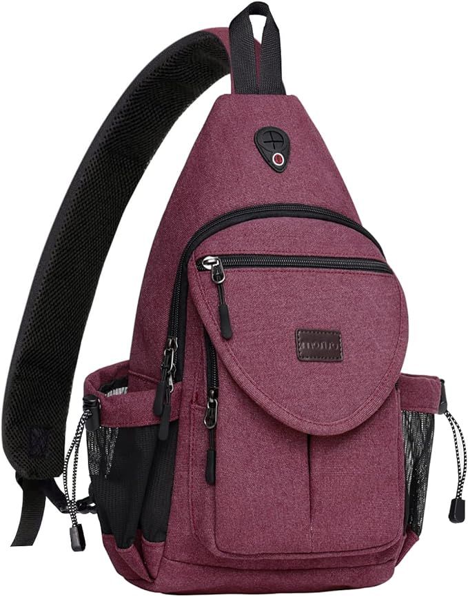 MOSISO Sling Backpack,Canvas Crossbody Hiking Daypack Bag with Anti-theft Pocket, Wine Red