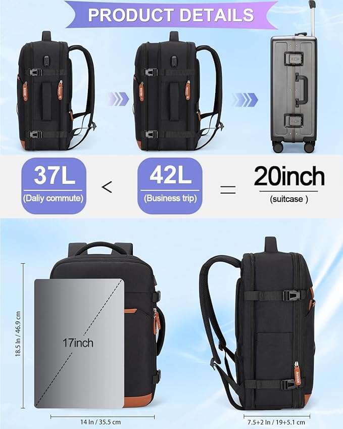 42L Travel Laptop Backpack, Expandable Carry-on Luggage, Anti-Theft Business Weekender Bag with USB Port, 3 Packing Cubes & Shoe Bag (Black)