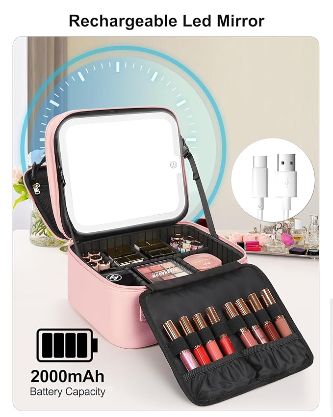 Relavel Makeup Bag with LED Mirror, Small Travel Makeup Case with Rechargeable Lighted Mirror 3 Color Lights, Double Layer Cosmetic Box Makeup Brush Lipstick Holder Organizer for Women, Pink