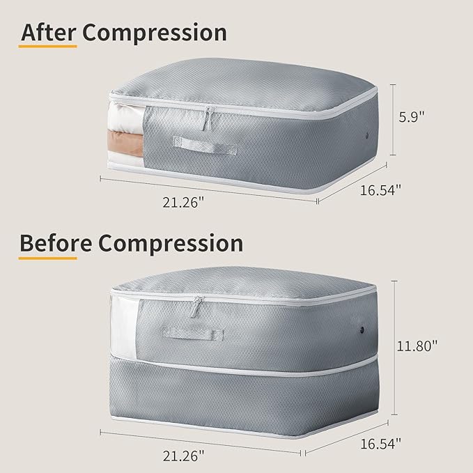 DIMJ Comforter Storage Bag - Large Capacity Ultra Space Saving Self Compression Organize for Duvet, Pillow, Bedding, Blanket Storage Organizer Nylon Compression Bags, Sheet Storage with Zipper, 4 Pack