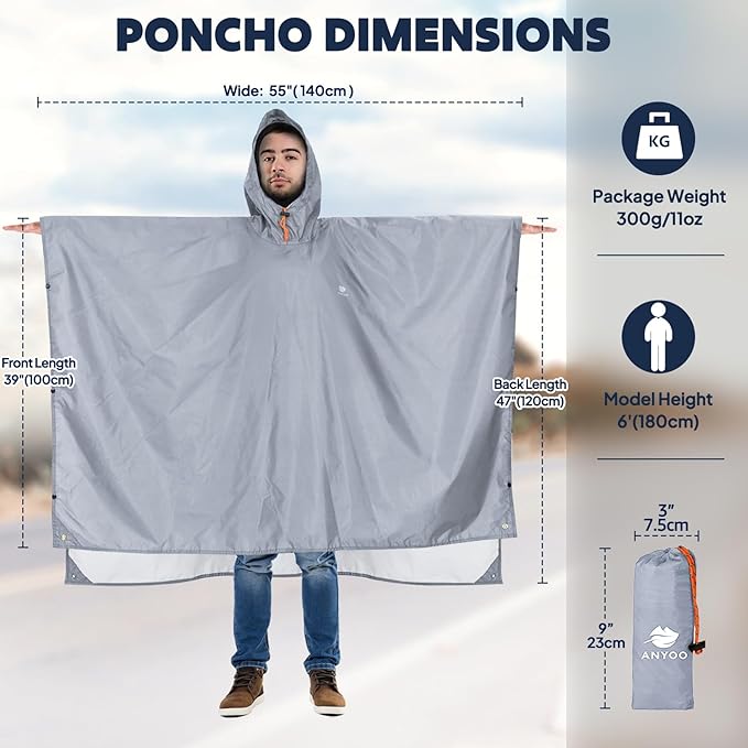 ANYOO Hooded Rain Poncho for Adults Waterproof Lightweight Rain Coat for Men Women Reusable Rain Jacket for Emergency Outdoor