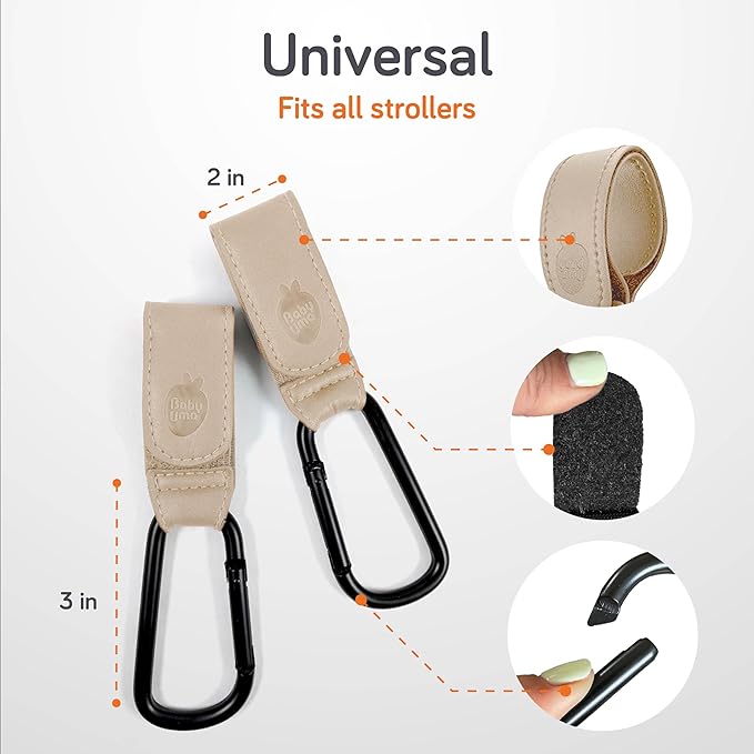 Baby Uma Stroller Hooks for Bags (2 Pack) - Leather-Style Stroller Clips and Hooks, Non-Slip Stroller Accessories, Carry 11 lbs Per Stroller Hook, Universal Baby Essentials & Stroller Accessories