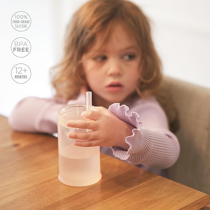 Olababy Clear View Silicone Training Cup with Straw Lid | Toddler Sippy Trainer 12mo+ | Unbreakable Water Drinking Cups for Kids 2yr+ | Baby Led Weaning & Feeding Supplies (Coral, 9 oz)