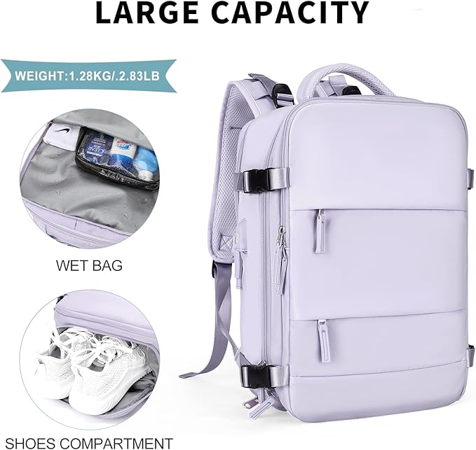 coowoz Large Travel Backpack For Women Men,Carry On Flight Approved,Hiking Waterproof Outdoor Sports Rucksack Casual Daypack Fit 15.6 Inch Laptop Shoes Compartment (Purple)
