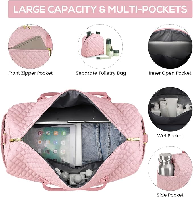 Travel Weekender Bags for Women - Duffle Bag Women with Shoe Compartment Carry On Overnight Bag with Toiletry Bag Duffel Bags with Wet Pocket for Gym Hospital Bags for Labor and Delivery Pink