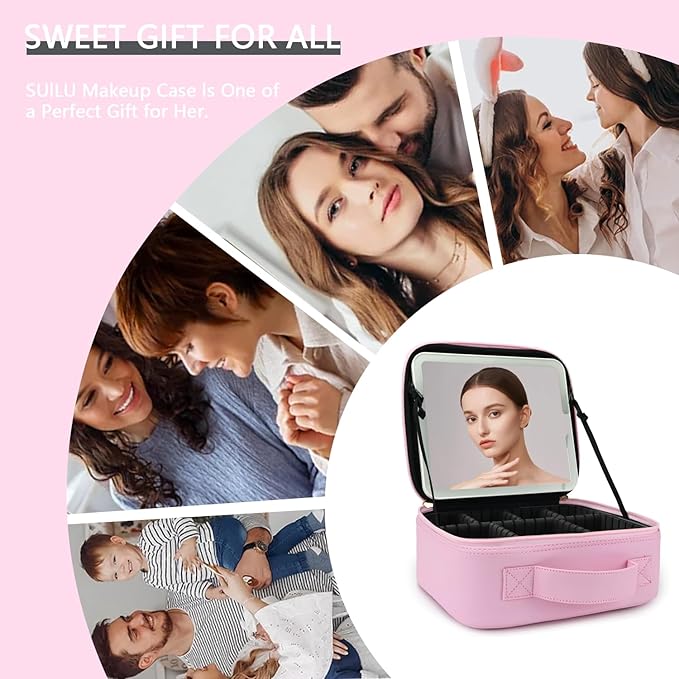 Makeup Bag with Led Mirror,Travel Makeup Organizer with 3 Color Setting, Portable Storage and Adjustable Dividers Travel Makeup Bag(Light Pink)