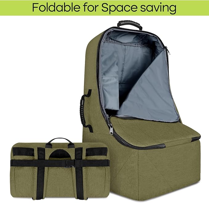 Padded Car Seat Travel Bag for Airplane, Heavy Duty Backpack for Air Travel, Water-Resistant Carrier with Shoulder Strap, Fits Most Car Seats (Green)