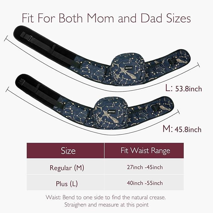 Momcozy Hip Seat Baby Carrier - Adjustable Waistband with Original 3D Belly Protector, Ergonomic Carrier with Various Pockets for Newborns & Toddlers up to 45lbs (Starry Sky, Medium)