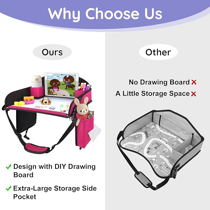 2Pcs ‎Kids Travel Tray, Kids Travel Trays for Car Seat, Road Trip Essentials for Toddler, Carseat Lap Tray with Dry Erase Board & Storage Organizer for Road Trip Activities for Kid, Pink