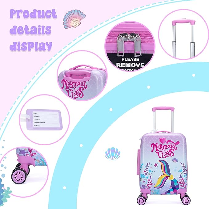 Cute Mermaid Kid’s Luggage Set 2 Piece Suitcase Set 16" Hardside Luggage with Spinner Wheels Girls Carry on Toddler Travel Rolling Luggage Airline Approved