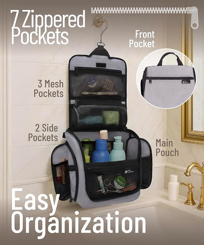 D&D Hanging Travel Toiletry Bag for Men and Women - Extra Large Hanging Shower Bag and Toiletries Organizer Kit with 10 Compartments, Quality Zippers, XXL Metal Swivel Hook, Water-Resistant Nylon