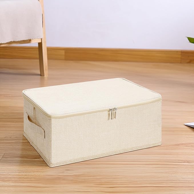 ANMINY 3PCS Storage Bins with Zipper Lids 13 Qt Lidded Fabric Storage Boxes Baskets Cubes with Handles Collapsible Washable Cotton Linen Closet Shelf Clothes Organizer Containers - Beige, Small