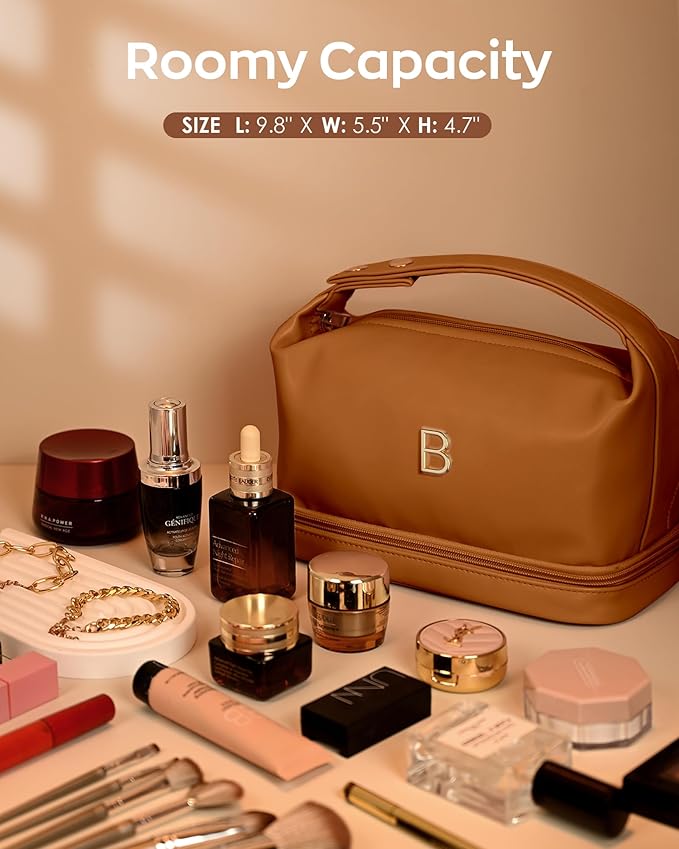 Trendy Gifts for Women, Personalized Makeup Bag with Handle, Initial Double Layer Cosmetic Bag with Makeup Brush Organizer, Cute Cosmetic Pouch for Women, Gifts for Friends Female Mom