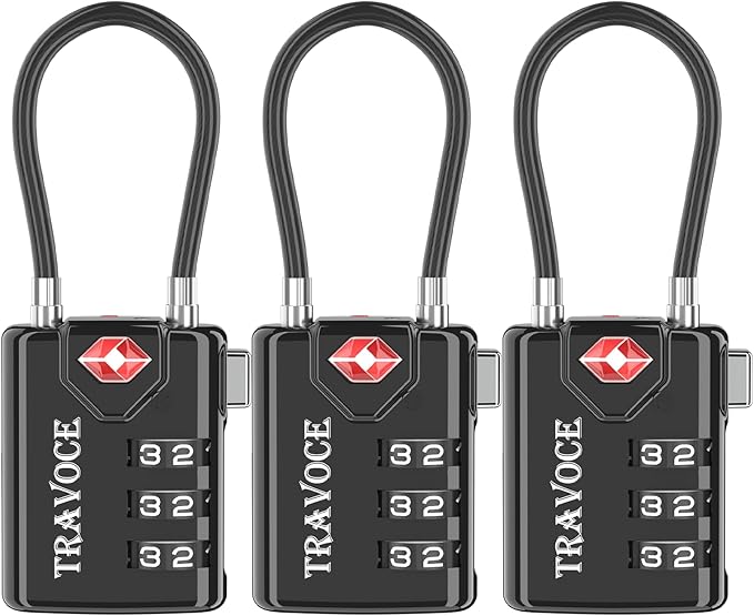 Search Alert TSA Approved Travel Combination Luggage Cable Locks for Suitcase, Gym Locker,Toolbox,Backpack 1,2,4,6 &10 pk (Black 3 Pack)