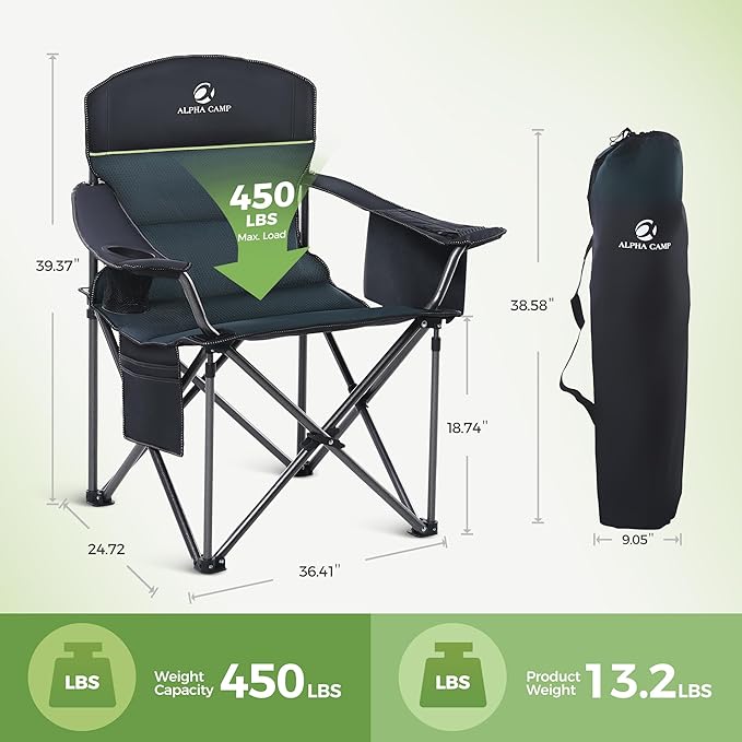 LET'S CAMP Oversized Folding Camping Chair Portable Outdoor Heavy Duty Padded Chairs Lawn Chair with Cup Holder, Storage Pocket and Cooler Bag, Supports 450LBS, for Camp, Travel, Picnic,2 Pack(Green)