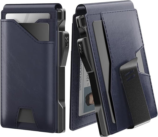 typecase Tactical Wallet for Men Card Holder: Pop Up Card Case, Genuine Leather, Smart, RFID Blocking, Slim, Minimalist, Thin, Front Pocket - 9-13 Card Capacitiy, ID Window, Money Clip (Navy)