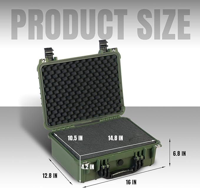 16x 12.8x 6.8 Inch Hard Case, Portable Weather Waterproof Protective Camera Case with Customizable Foam, Fit Use of Drones, Camera, Equipments, Green