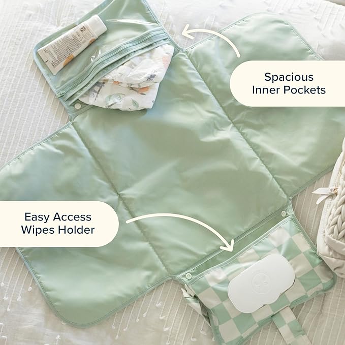 Tiny Twinkle Portable Diaper Changing Pad-Foldable Waterproof Changing Mat&Portable Changing Pad for Travel,Baby Changing Station with Smart Wipes Pocket&Storage (Beige Checkers)